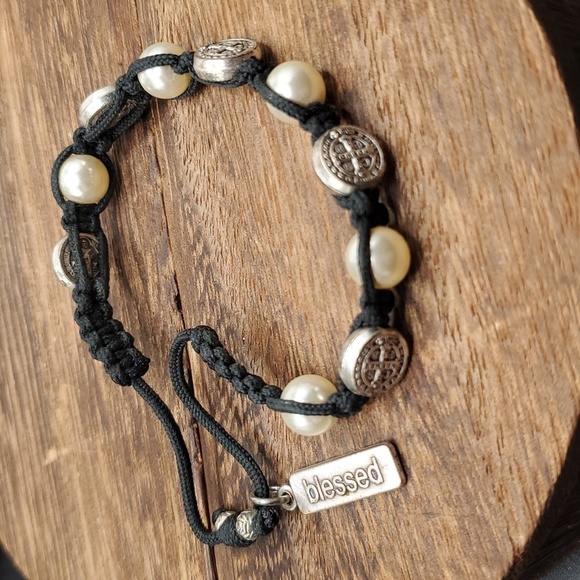B1922 blessed my saints sterling silver bracelet paracord braided pearl - Picture 1 of 4